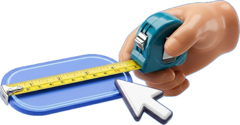 A hand pulling a tape measure across a button, measuring an interface