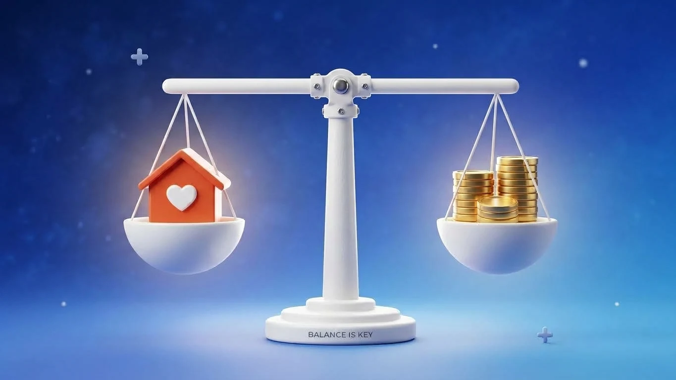 A balanced scale with a small orange house with a heart on one side and stacks of gold coins on the other